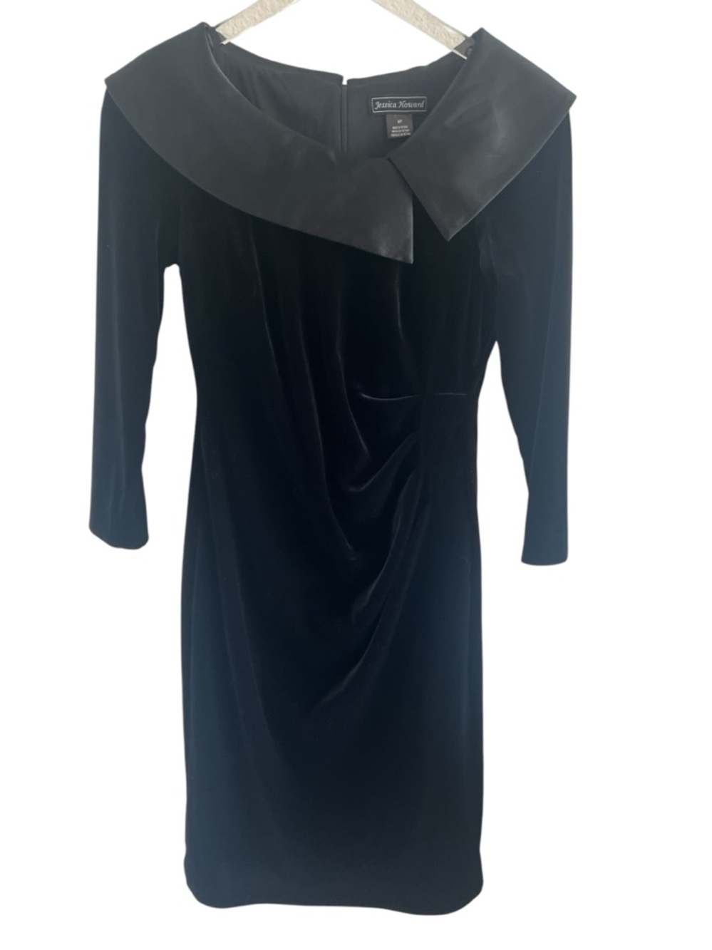 Jessica Howard Black Velvet Boatneck Dress with Draped Front